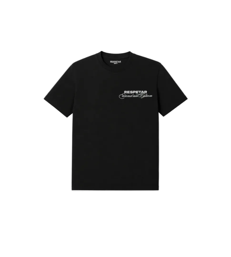 Black t-shirt with white text on a white background
