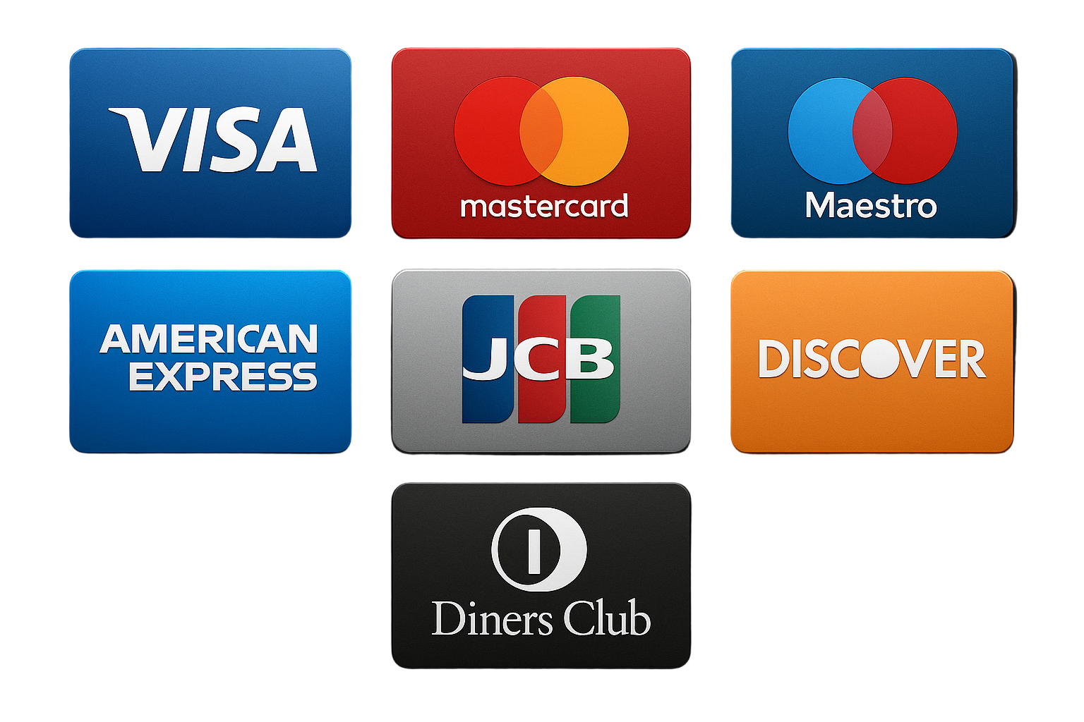 Visa
Mastercard
Maestro
American Express
JCB
Discover
Diners Club
PAYMENTS ICONS BACKGROUND FOR EAACH ONE IN A CARD FORM
